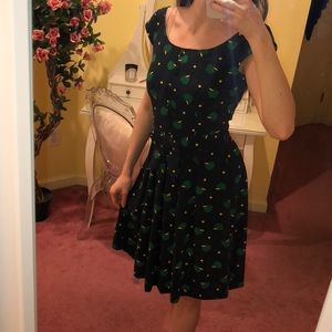 anthropologie navy a line dress with apple print